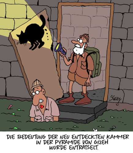 Cartoon: Neue Kammer (medium) by Karsten Schley tagged pyramide,medien,gizeh,pharaonen,geschichte,ägypten,entdeckungen,historisches,forschung,archäologie,wissenschaft,gesellschaft,katzen,pyramide,medien,gizeh,pharaonen,geschichte,ägypten,entdeckungen,historisches,forschung,archäologie,wissenschaft,gesellschaft,katzen