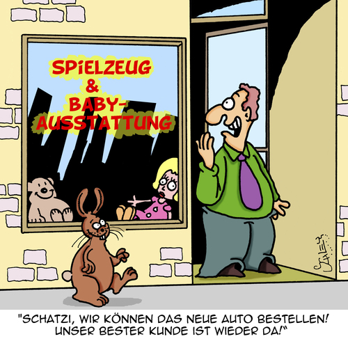 Cartoon: Neues Auto (medium) by Karsten Schley tagged hasen,tiere,nachfrage,bruttoinlandsprodukt,gewinn,jobs,babies,umsatz,familien,verkäufer,business,wirtschaft,verkaufen,verkaufen,wirtschaft,business,verkäufer,familien,umsatz,babies,jobs,gewinn,bruttoinlandsprodukt,nachfrage,tiere,hasen