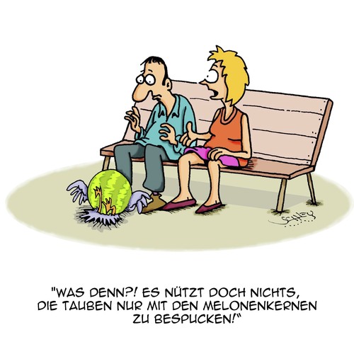 Cartoon: Nützt nix! (medium) by Karsten Schley tagged parks,freizeit,hobbies,ernährung,früchte,frauen,männer,beziehungen,tiere,natur,tauben,parks,freizeit,hobbies,ernährung,früchte,frauen,männer,beziehungen,tiere,natur,tauben