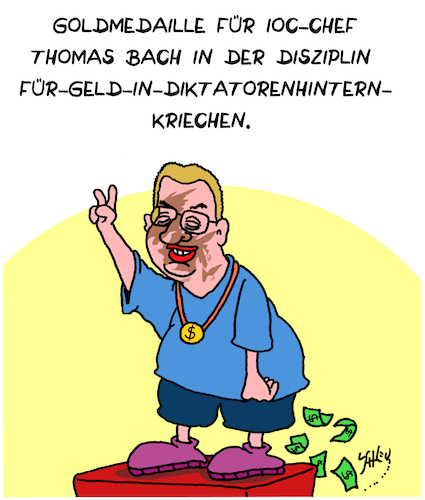 Cartoon: Olympisches Gold! (medium) by Karsten Schley tagged olympia,ioc,geld,kapitalismus,politik,diktaturen,business,medaillen,wirtschaft,sport,olympia,ioc,geld,kapitalismus,politik,diktaturen,business,medaillen,wirtschaft,sport