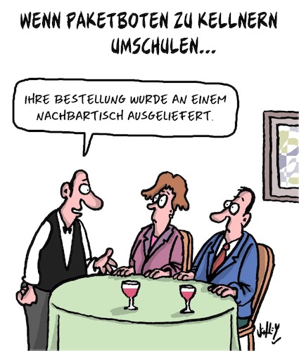 Cartoon: Paketzusteller (medium) by Karsten Schley tagged restaurants,umschulung,berufe,paketzusteller,kunden,auslieferung,gesellschaft,restaurants,umschulung,berufe,paketzusteller,kunden,auslieferung,gesellschaft