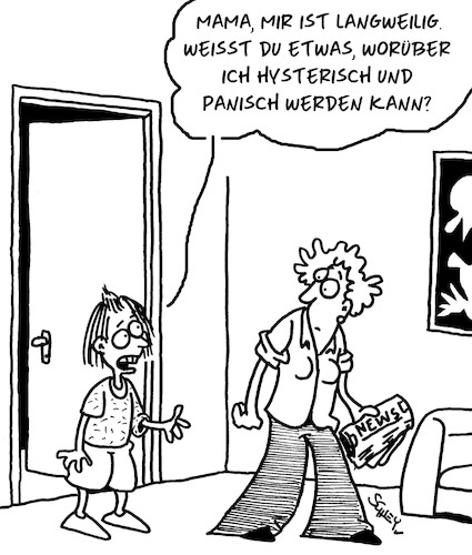 Cartoon: PANIK!!!! (medium) by Karsten Schley tagged panik,hysterie,psyche,mode,medien,eltern,kinder,familien,gesellschaft,panik,hysterie,psyche,mode,medien,eltern,kinder,familien,gesellschaft