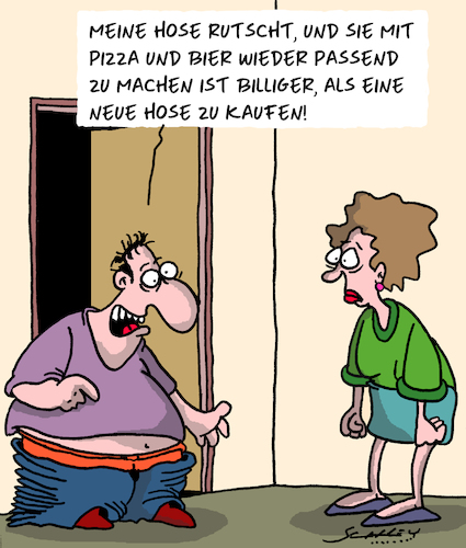 Cartoon: Passend (medium) by Karsten Schley tagged gesundheit,gewicht,übergewicht,kleidung,mode,ernährung,männer,frauen,ehe,beziehungen,liebe,fastfood,bier,gesellschaft,gesundheit,gewicht,übergewicht,kleidung,mode,ernährung,männer,frauen,ehe,beziehungen,liebe,fastfood,bier,gesellschaft