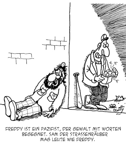 Cartoon: Pazifismus (medium) by Karsten Schley tagged pazifisten,naivität,realität,gewalt,waffen,wehrhaftigkeit,verteidigung,frieden,anschreckung,politik,gesellschaft,pazifisten,naivität,realität,gewalt,waffen,wehrhaftigkeit,verteidigung,frieden,anschreckung,politik,gesellschaft