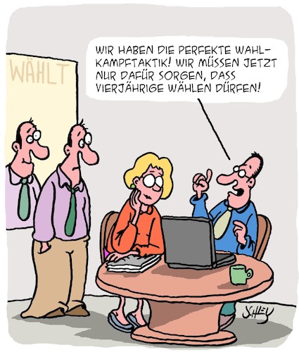 Cartoon: Perfekte Taktik (medium) by Karsten Schley tagged wahlkampf,taktik,spitzenkandidaten,politik,wahlen,wähler,wahlmindestalter,strategie,parteien,demokratie,wahlkampf,taktik,spitzenkandidaten,politik,wahlen,wähler,wahlmindestalter,strategie,parteien,demokratie