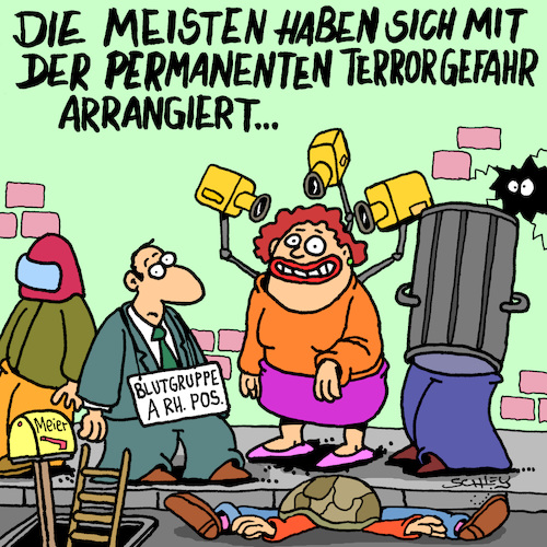 Cartoon: Permanent (medium) by Karsten Schley tagged terror,terrorgefahr,terrorwarnstufe,alltag,gewöhnung,deutschland,gesellschaft,panikmache,arrangement,europa,kriminalität,sicherheit,religion,politik,terror,terrorgefahr,terrorwarnstufe,alltag,gewöhnung,deutschland,gesellschaft,panikmache,arrangement,europa,kriminalität,sicherheit,religion,politik