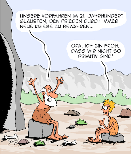 Cartoon: Primitiv!! (medium) by Karsten Schley tagged zukunft,menschheit,politik,kriege,zerstörung,evolution,gesellschaft,zukunft,menschheit,politik,kriege,zerstörung,evolution,gesellschaft