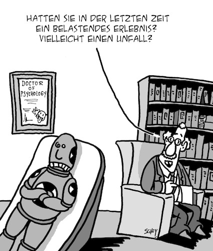 Cartoon: Psychologie (medium) by Karsten Schley tagged psychologie,stress,traumata,psychiater,patienten,ärzte,technik,gesellschaft,psychologie,stress,traumata,psychiater,patienten,ärzte,technik,gesellschaft