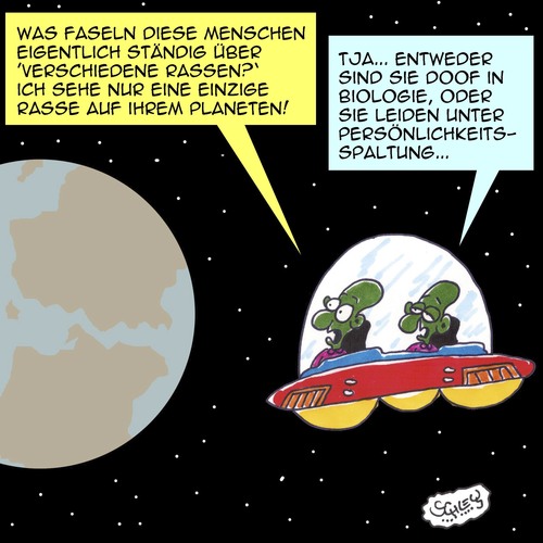 Cartoon: RASSENFRAGE (medium) by Karsten Schley tagged biologie,wissenschaft,aliens,menschheit,politik,erde,gesundheit,bildung,verblödung,biologie,wissenschaft,aliens,menschheit,politik,erde,gesundheit,bildung,verblödung