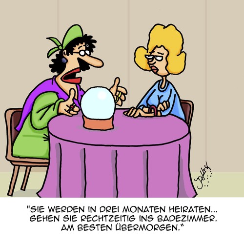 Cartoon: Rechtzeitig! (medium) by Karsten Schley tagged liebe,frauen,männer,heirat,zukunft,zukunftsvorhersage,pünktlichkeit,schönheit,liebe,frauen,männer,heirat,zukunft,zukunftsvorhersage,pünktlichkeit,schönheit