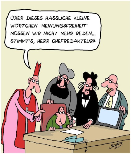 Cartoon: Reden (medium) by Karsten Schley tagged religion,meinungsfreiheit,zensur,bigotterie,medien,redakteure,einflussnahme,gesellschaft,kirchen,kapitalismus,politik,religion,meinungsfreiheit,zensur,bigotterie,medien,redakteure,einflussnahme,gesellschaft,kirchen,kapitalismus,politik