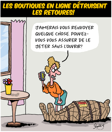 Cartoon: Retours (medium) by Karsten Schley tagged business,shopping,internet,transport,colis,mariage,hommes,femmes,business,shopping,internet,transport,colis,mariage,hommes,femmes