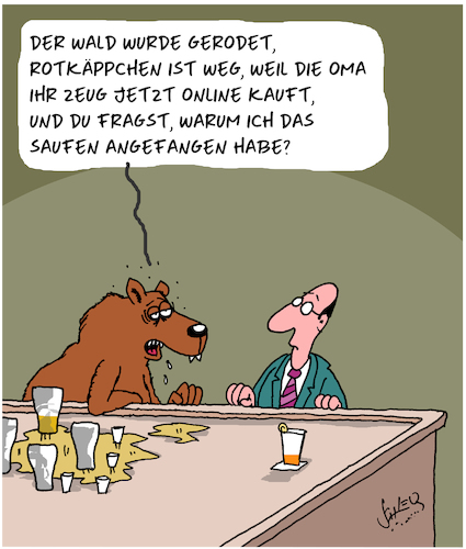 Cartoon: Saufen (medium) by Karsten Schley tagged rotkäppchen,wölfe,onlineshopping,umweltzerstörung,wälder,märchen,literatur,kneipen,pubs,gesellschaft,rotkäppchen,wölfe,onlineshopping,umweltzerstörung,wälder,märchen,literatur,kneipen,pubs,gesellschaft