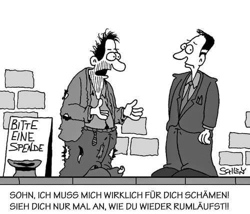 Cartoon: Schäm dich (medium) by Karsten Schley tagged eltern,kinder,jugend,mode,gesellschaft,dresscode,väter,söhne,eltern,kinder,jugend,mode,gesellschaft,dresscode,väter,söhne