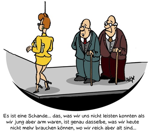 Cartoon: Schande (medium) by Karsten Schley tagged rentner,rente,männer,frauen,alter,reichtum,armut,beziehungen,jugend,wirtschaft,einkommen,gesellschaft,rentner,männer,rente,frauen,alter,reichtum,armut,beziehungen,jugend,einkommen,gesellschaft