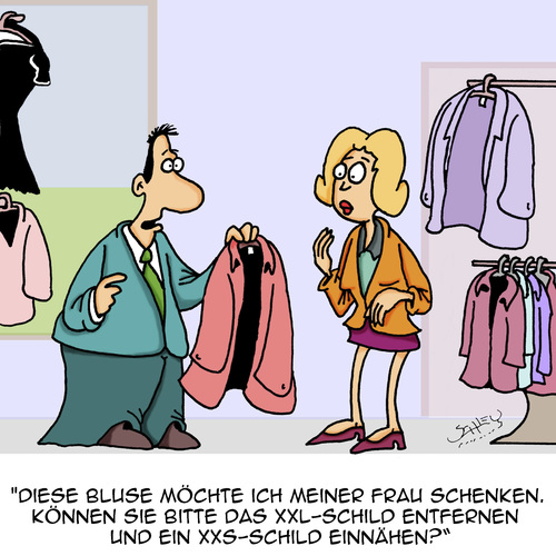 Cartoon: Schenken (medium) by Karsten Schley tagged mode,männer,frauen,geschenke,shopping,kleidung,ehe,beziehungen,übergewicht,gesundheit,familie,mode,männer,frauen,geschenke,shopping,kleidung,ehe,beziehungen,übergewicht,gesundheit,familie