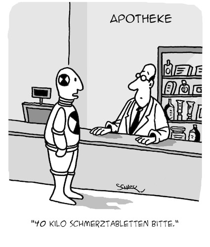 Cartoon: Schmerzpatient (medium) by Karsten Schley tagged medikamente,pharma,schmerzen,sicherheit,forschung,technik,verkehr,apotheken,gesellschaft,medikamente,pharma,schmerzen,sicherheit,forschung,technik,verkehr,apotheken,gesellschaft