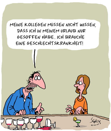 Cartoon: Schönen Urlaub! (medium) by Karsten Schley tagged männer,tourismus,frauen,alkohol,urlaub,arbeit,kollegen,gesundheit,geschlechtskrankheiten,männer,tourismus,frauen,sex,alkohol,urlaub,arbeit,kollegen,gesundheit,geschlechtskrankheiten