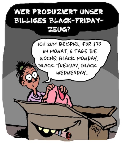 Cartoon: Schwarzer Freitag (medium) by Karsten Schley tagged black,friday,kinderarbeit,ausbeutung,business,wirtschaft,profite,politik,gesellschaft,black,friday,kinderarbeit,ausbeutung,business,wirtschaft,profite,politik,gesellschaft
