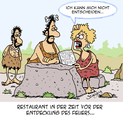 Cartoon: Schwere Entscheidung (medium) by Karsten Schley tagged gastronomie,restaurants,essen,ernährung,fleisch,frauen,männer,prähistorisch,geschichte,evolution,menschheit,gastronomie,restaurants,essen,ernährung,fleisch,frauen,männer,prähistorisch,geschichte,evolution,menschheit