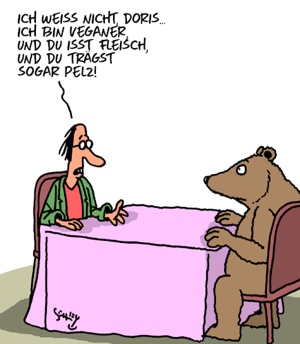 Cartoon: Schwierige Beziehung (medium) by Karsten Schley tagged liebe,beziehungen,männer,frauen,veganer,ernährung,gesellschaft,liebe,beziehungen,männer,frauen,veganer,ernährung,gesellschaft