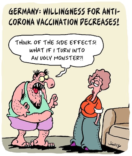 Cartoon: Side Effects (medium) by Karsten Schley tagged coronavirus,vaccination,vaccine,germany,politics,education,science,research,health,economy,business,pharmaceutical,industry,coronavirus,vaccination,vaccine,germany,politics,education,science,research,health,economy,business,pharmaceutical,industry