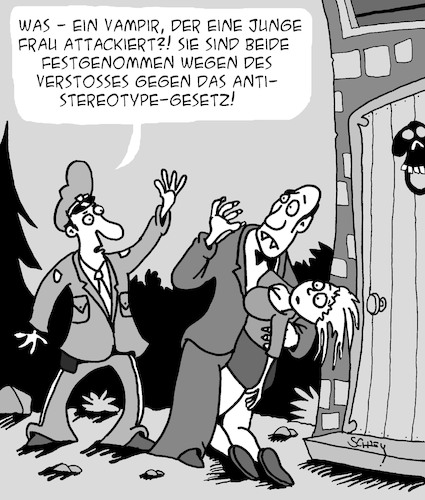 Cartoon: Sie sind festgenommen! (medium) by Karsten Schley tagged vampire,männer,frauen,polizei,stereotypen,horror,film,medien,gesellschaft,vampire,männer,frauen,polizei,stereotypen,horror,film,medien,gesellschaft