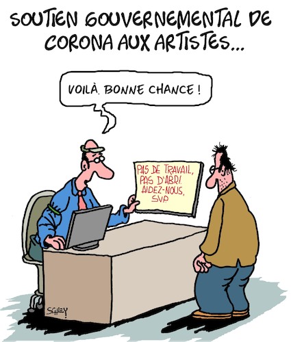 Cartoon: Soutien Gouvernemental (medium) by Karsten Schley tagged corona,covid19,politique,aide,societe,artistes,chomage,corona,covid19,politique,aide,societe,artistes,chomage