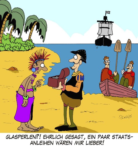 Cartoon: Staatsanleihen (medium) by Karsten Schley tagged staatsanleihen,investitionen,wirtschaft,business,geschichte,profit,märkte,finanzmarkt,staatsanleihen,investitionen,wirtschaft,business,geschichte,profit,märkte,finanzmarkt,staat