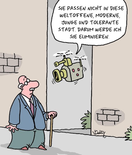 Cartoon: Stadtreinigung (medium) by Karsten Schley tagged toleranz,weltoffenheit,alter,jugend,stadtplanung,modernität,politik,gesellschaft,toleranz,weltoffenheit,alter,jugend,stadtplanung,modernität,politik,gesellschaft