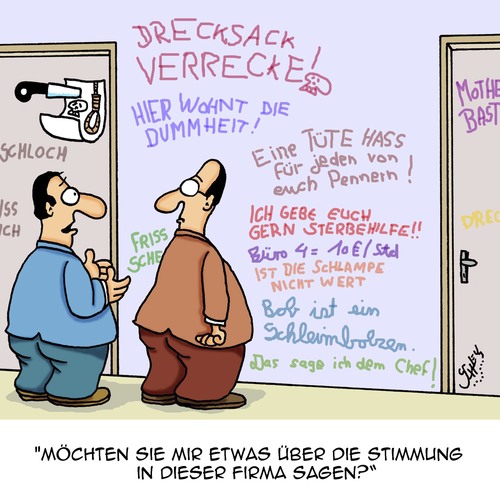 Cartoon: Stimmung (medium) by Karsten Schley tagged arbeit,arbeitgeber,arbeitnehmer,arbeitsatmosphäre,stimmung,laune,büro,industrie,mobbing,sozialverhalten,arbeit,arbeitgeber,arbeitnehmer,arbeitsatmosphäre,stimmung,laune,büro,industrie,mobbing,sozialverhalten