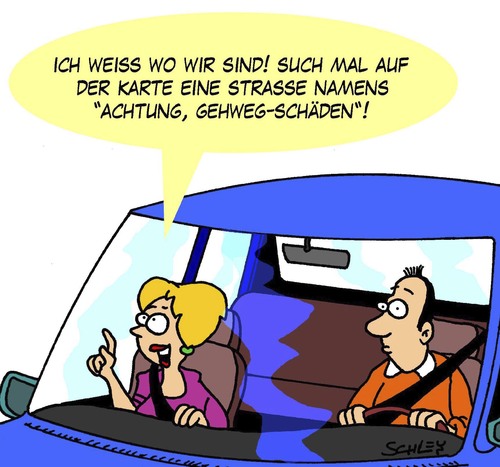 Cartoon: Strassenkarte (medium) by Karsten Schley tagged autos,autofahren,verkehr,strassenverkehr,frauen,männer,gesellschaft,autos,autofahren,verkehr,strassenverkehr,frauen,männer,gesellschaft