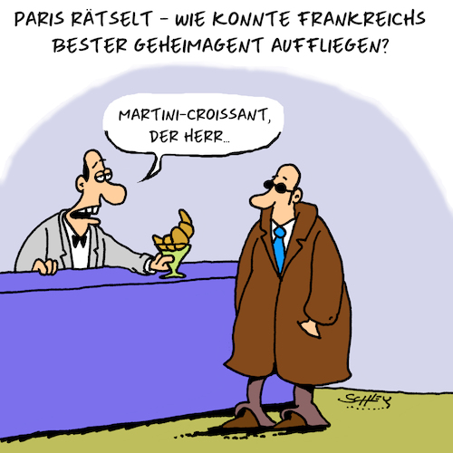 Cartoon: Streng geheim! (medium) by Karsten Schley tagged frankreich,regierungen,geheimdienste,geheimagenten,bars,pubs,traditionen,essen,trinken,frankreich,regierungen,geheimdienste,geheimagenten,bars,pubs,traditionen,essen,trinken