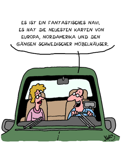 Cartoon: Super Navi! (medium) by Karsten Schley tagged navi,gps,autos,technik,fahren,männer,frauen,ikea,wirtschaft,shopping,gesellschaft,navi,gps,autos,technik,fahren,männer,frauen,ikea,wirtschaft,shopping,gesellschaft