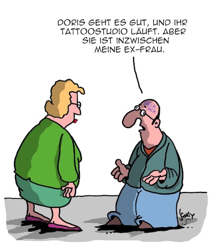 Cartoon: Tattoo (medium) by Karsten Schley tagged liebe,ehe,beziehungen,trennung,scheidung,männer,frauen,tätowierungen,gesellschaft,liebe,ehe,beziehungen,trennung,scheidung,männer,frauen,tätowierungen,gesellschaft