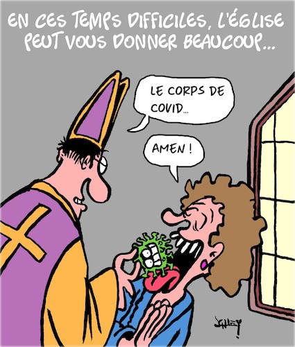 Cartoon: Temps difficile (medium) by Karsten Schley tagged covid19,religion,eglise,politique,consolation,science,noel,mort,societe,covid19,religion,eglise,politique,consolation,science,noel,mort,societe