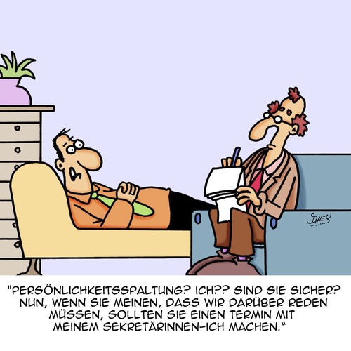 Cartoon: Termin (medium) by Karsten Schley tagged psychiatrie,gesundheit,ärzte,patienten,psychologie,persönlichkeitsspaltung,termine,psychiatrie,gesundheit,ärzte,patienten,psychologie,persönlichkeitsspaltung,termine