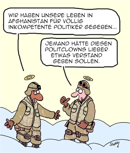 Cartoon: Tod in Afghanistan (medium) by Karsten Schley tagged afghanistan,bundeswehr,militär,soldaten,europa,usa,verrat,politiker,politik,gesellschaft,afghanistan,bundeswehr,militär,soldaten,europa,usa,verrat,politiker,politik,gesellschaft