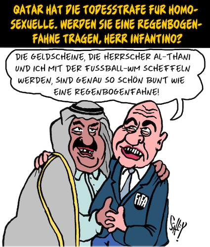 Cartoon: Todesstrafe für Homosexuelle (medium) by Karsten Schley tagged qatar,homosexuelle,fußball,fifa,infantino,sport,regenbogenflagge,business,wm,politik,menschenrechte,qatar,homosexuelle,fußball,fifa,infantino,sport,regenbogenflagge,business,wm,politik,menschenrechte