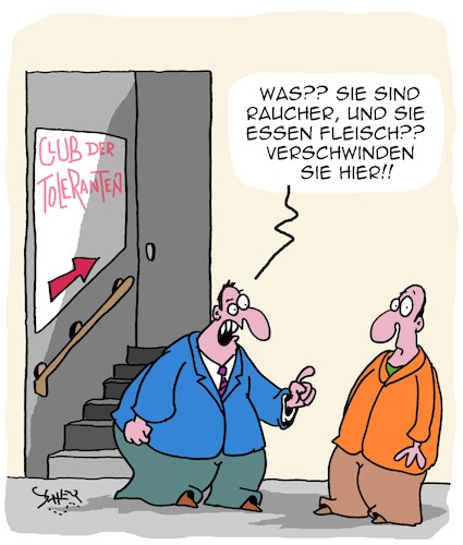 Cartoon: Toleranz (medium) by Karsten Schley tagged toleranz,scheinheiligkeit,bigotterie,clubs,freizeit,ernährung,fleisch,raucher,toleranz,scheinheiligkeit,bigotterie,clubs,freizeit,ernährung,fleisch,raucher