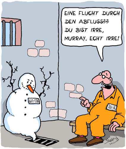 Cartoon: Total irre (medium) by Karsten Schley tagged justiz,gefängnisse,freheit,ausbruch,verbrechen,gesetze,flucht,schneemänner,strafvollzug,kriminalität,temperaturen,wetter,justiz,gefängnisse,freheit,ausbruch,verbrechen,gesetze,flucht,schneemänner,strafvollzug,kriminalität,temperaturen,wetter