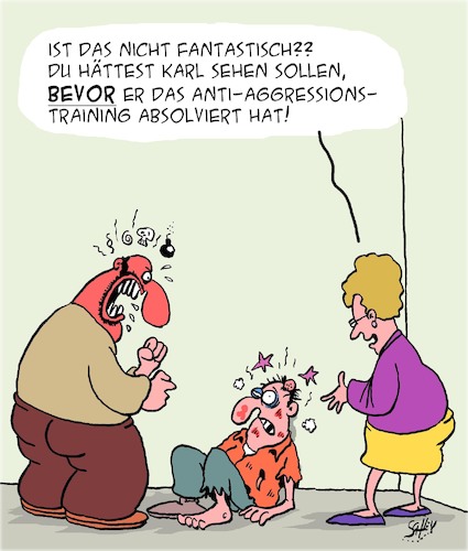 Cartoon: Training lohnt sich!! (medium) by Karsten Schley tagged aggressivität,psychologie,mentalität,benehmen,gewalt,training,büro,männer,gesellschaft,aggressivität,psychologie,mentalität,benehmen,gewalt,training,büro,männer,gesellschaft