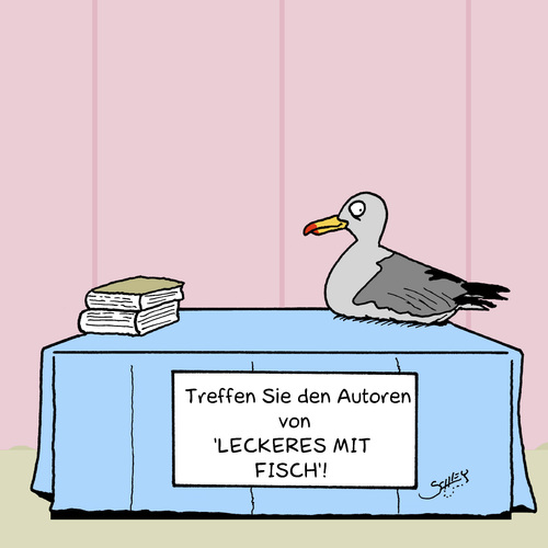 Cartoon: Treffen (medium) by Karsten Schley tagged literatur,kultur,bücher,lesen,tiere,möwen,fisch,ernährung,essen,gesellschaft,literatur,kultur,bücher,lesen,tiere,möwen,fisch,ernährung,essen,gesellschaft