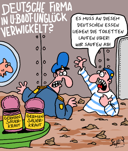 Cartoon: U-Boot (medium) by Karsten Schley tagged unfälle,seefahrt,uboote,marine,argentinien,deutschland,ernährung,essen,spezialitäten,gesundheit,meer,politik,durchfall,technik,militär,unfälle,seefahrt,uboote,marine,argentinien,deutschland,ernährung,essen,spezialitäten,gesundheit,meer,politik,durchfall,technik,militär