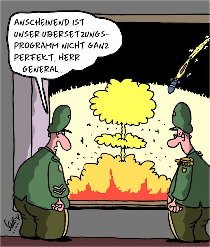 Cartoon: Übersetzung (medium) by Karsten Schley tagged übersetzungen,kommunikation,politik,militär,atomwaffen,krieg,übersetzungen,kommunikation,politik,militär,atomwaffen,krieg