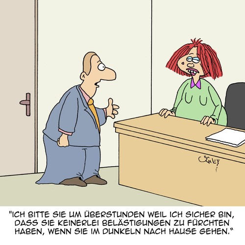 Cartoon: Überstunden (medium) by Karsten Schley tagged wirtschaft,business,arbeit,arbeitszeit,überstunden,arbeitgeber,arbeitnehmer,frauen,schönheit,belästigung,kriminalität,wirtschaft,business,arbeit,arbeitszeit,überstunden,arbeitgeber,arbeitnehmer,frauen,schönheit,belästigung,kriminalität