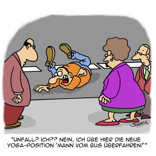 Cartoon: Übung (medium) by Karsten Schley tagged gesundheit,yoga,straßenverkehr,personennahverkehr,unfälle,gaffer,gesundheit,yoga,straßenverkehr,personennahverkehr,unfälle,gaffer