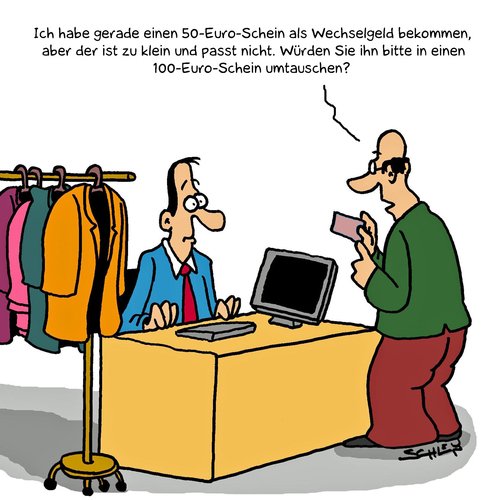 Cartoon: Umtausch (medium) by Karsten Schley tagged business,wirtschaft,sommerschlussverkauf,mode,kleidung,einkaufen,kunden,kundenservice,umtauschen,wechseln,handel,verkauf,verkäufer,business,wirtschaft,sommerschlussverkauf,kleidung,mode,einkaufen,kunden,kundenservice,umtauschen,wechseln,handel,verkäufer