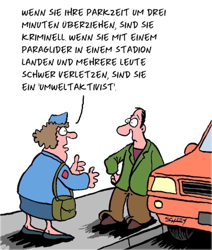 Cartoon: Umweltterrorismus (medium) by Karsten Schley tagged terrorismus,verbrechen,kriminalität,sport,fußball,umweltaktivisten,medien,justiz,gesellschaft,politik,terrorismus,verbrechen,kriminalität,sport,fußball,umweltaktivisten,medien,justiz,gesellschaft,politik