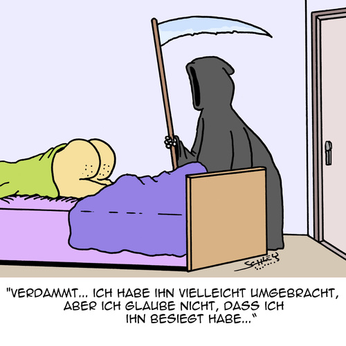 Cartoon: Unbesiegt (medium) by Karsten Schley tagged leben,tod,gesundheit,sieg,niederlage,sensenmann,leben,tod,gesundheit,sieg,niederlage,sensenmann